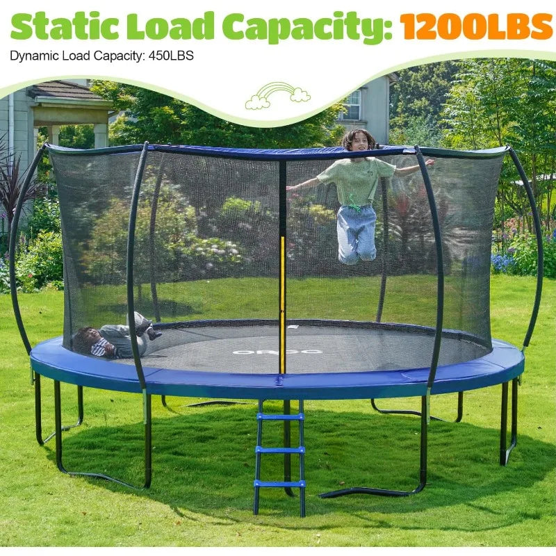 1200LBS Weight Capacity Trampoline 8FT-16FT with Basketball Hoop Water Sprinkler Spiral Ground Stakes Outdoor