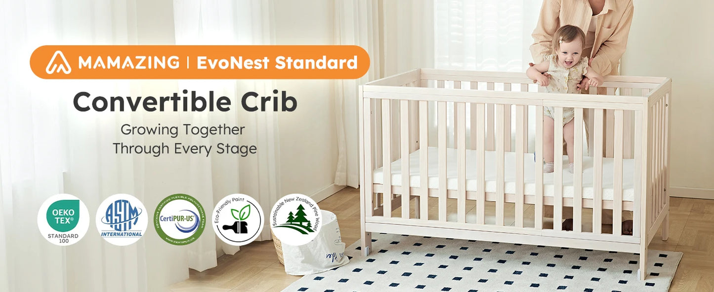 11-in-1 Convertible Baby Crib With Removable Wheels, Washed Natural, 4 Mattress Heights, Pinewood