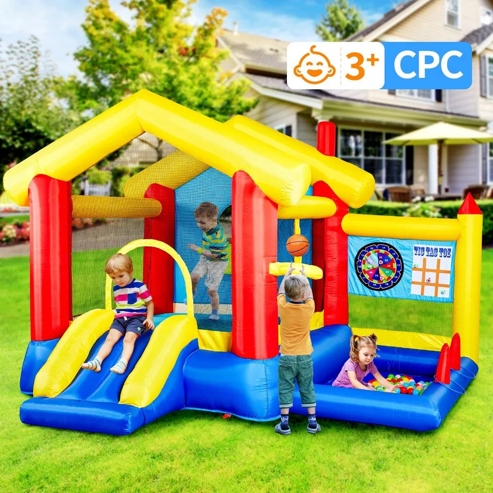 8 in 1 Inflatable Bounce House with Blower Basketball Hoop Ocean Balls Ring-toss Game