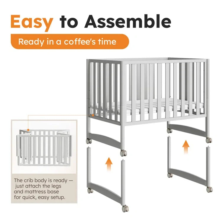 6-in-1 Convertible Mini Crib With Removable Wheels & Mattress, 4 Adjustable Heights, White