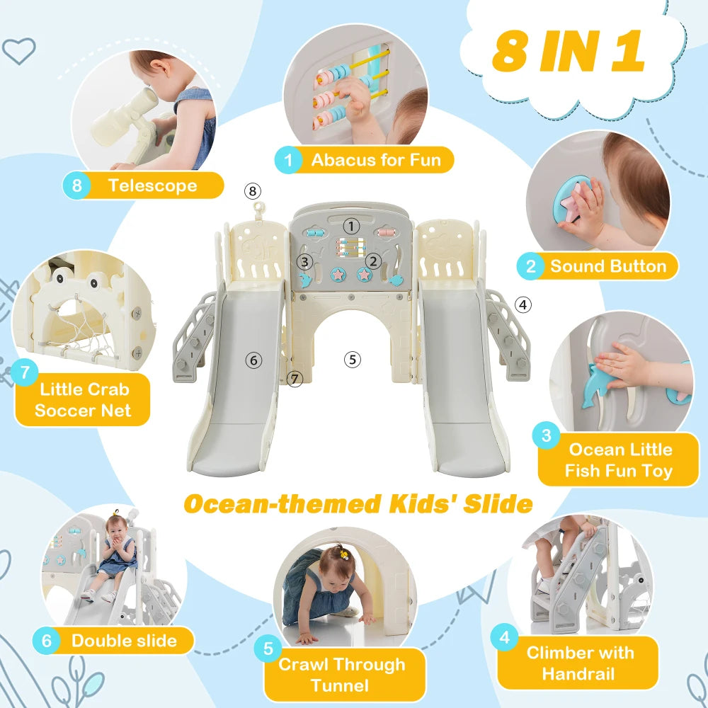 11 in 1 Toddler Slide, for Ages 1-3 with Basketball Hoop, Playset Structure, Arch Tunnel Telescope