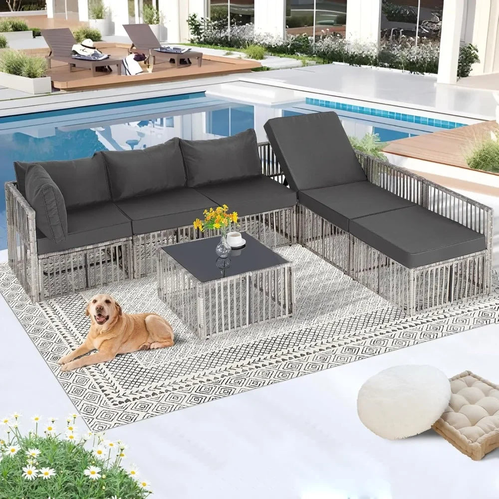7 Pieces, Wicker Outdoor Sectional Conversation Couch with Adjustable Backrest Sofa.