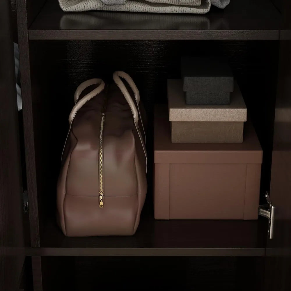 Wooden wardrobe with mirror, 5 shelves, 2 drawers, 2 hangers, and 4 doors, and storage cabinet in bedroom