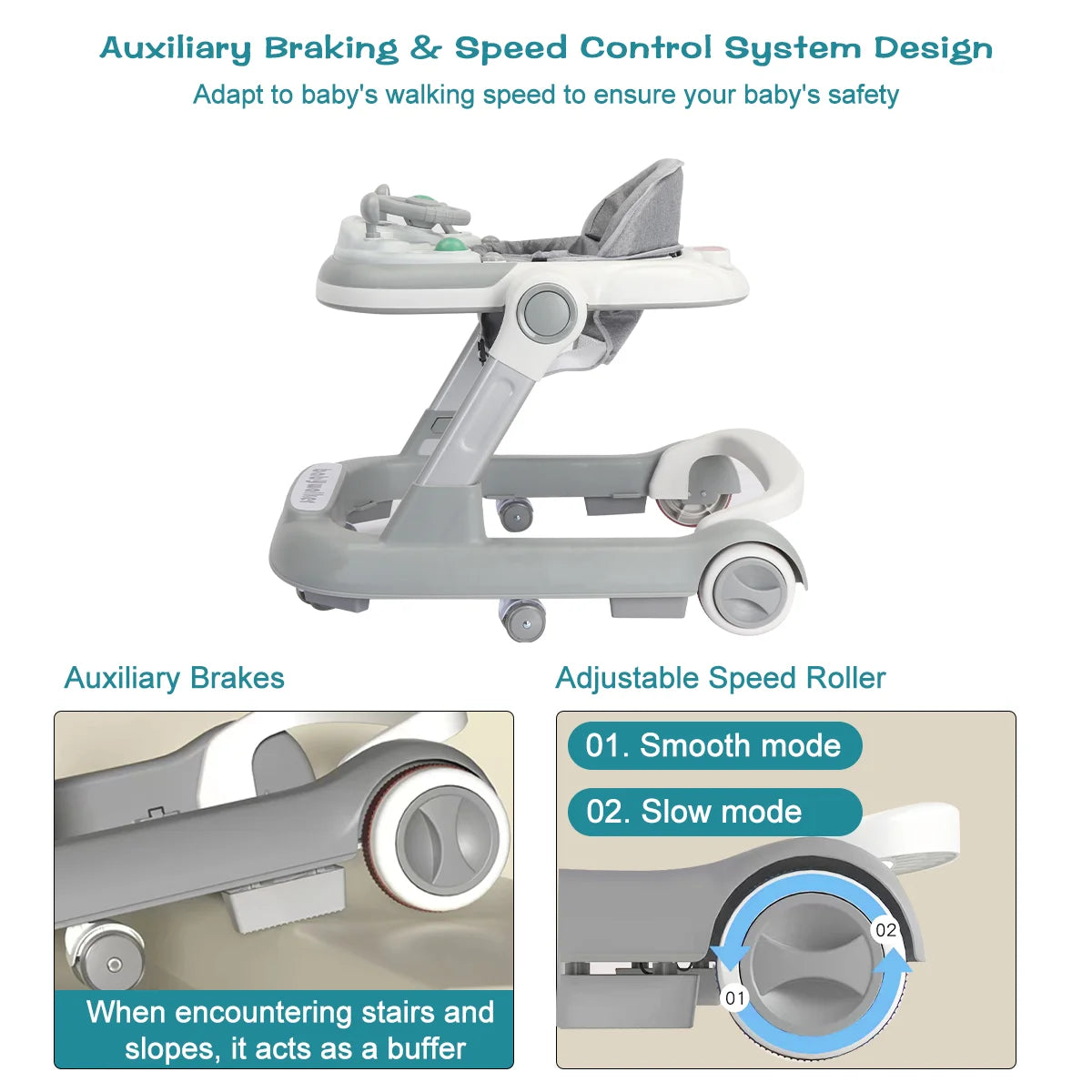 Push Walker with Detachable Feeding and Music Trays, Foldable Learning Toys, 2 In 1 Walker
