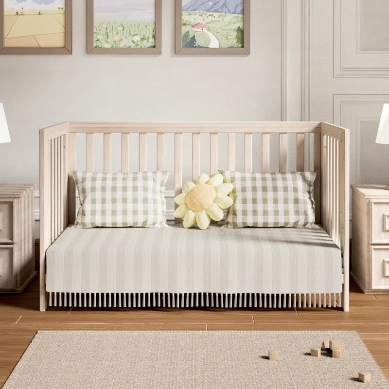 11-in-1 Convertible Baby Crib With Removable Wheels, Washed Natural, 4 Mattress Heights, Pinewood