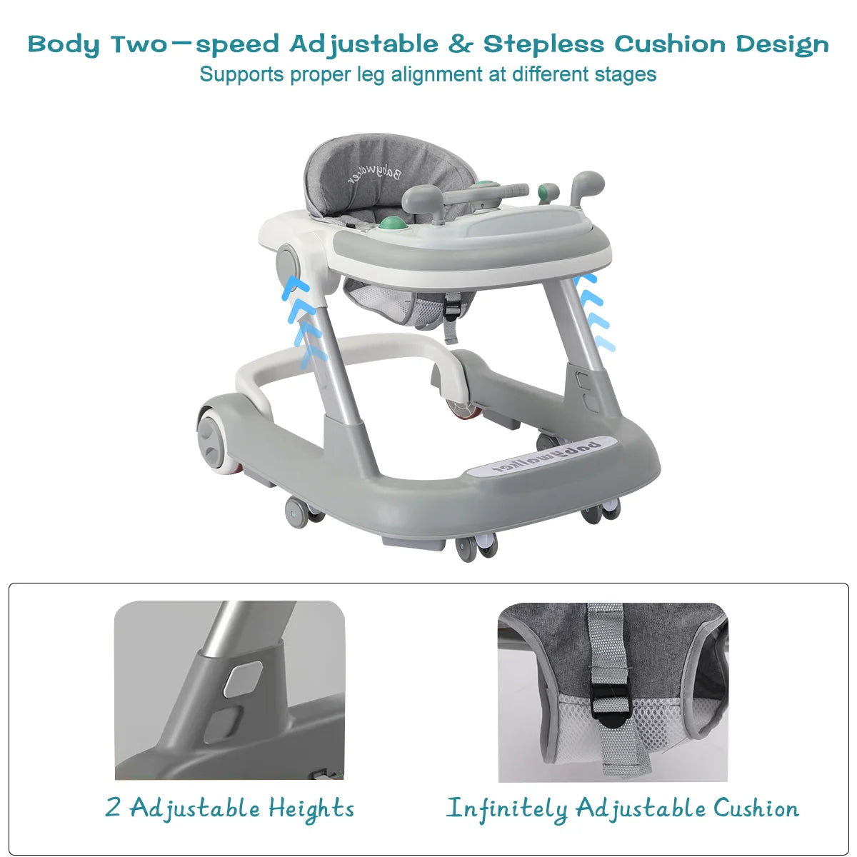 Push Walker with Detachable Feeding and Music Trays, Foldable Learning Toys, 2 In 1 Walker