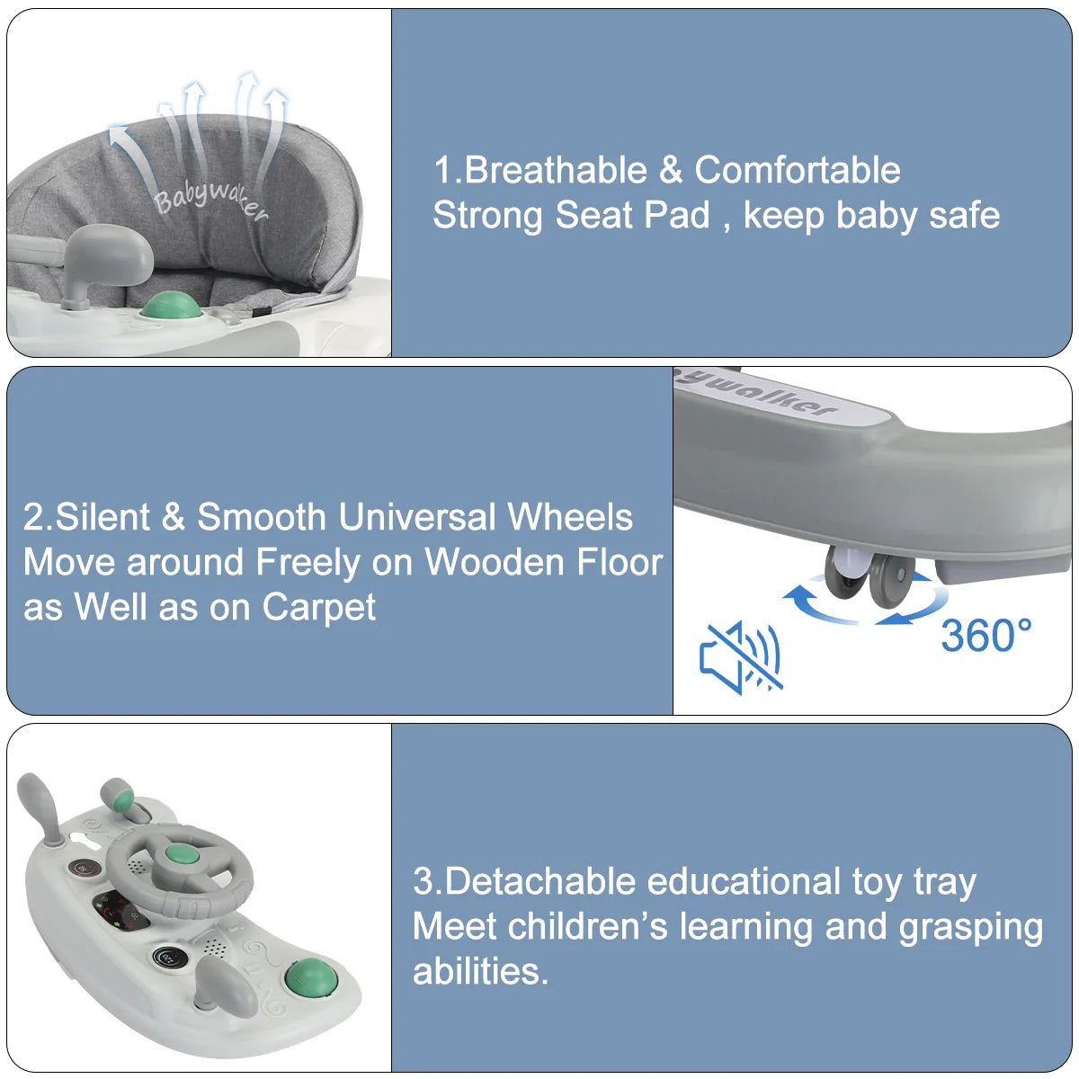 Push Walker with Detachable Feeding and Music Trays, Foldable Learning Toys, 2 In 1 Walker