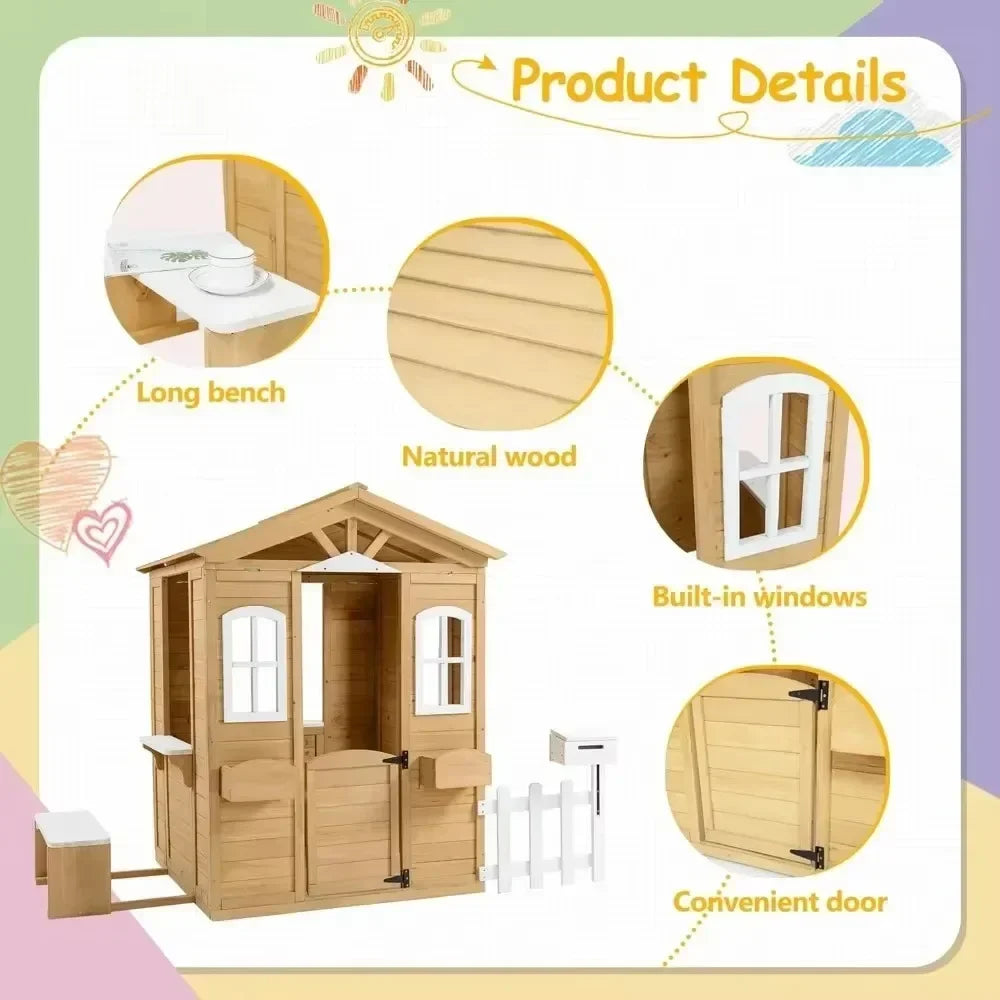 Playhouse for Age 3-6 Years Wood Cottage w/Mailbox Bench Door Windows Flowerpot Holders