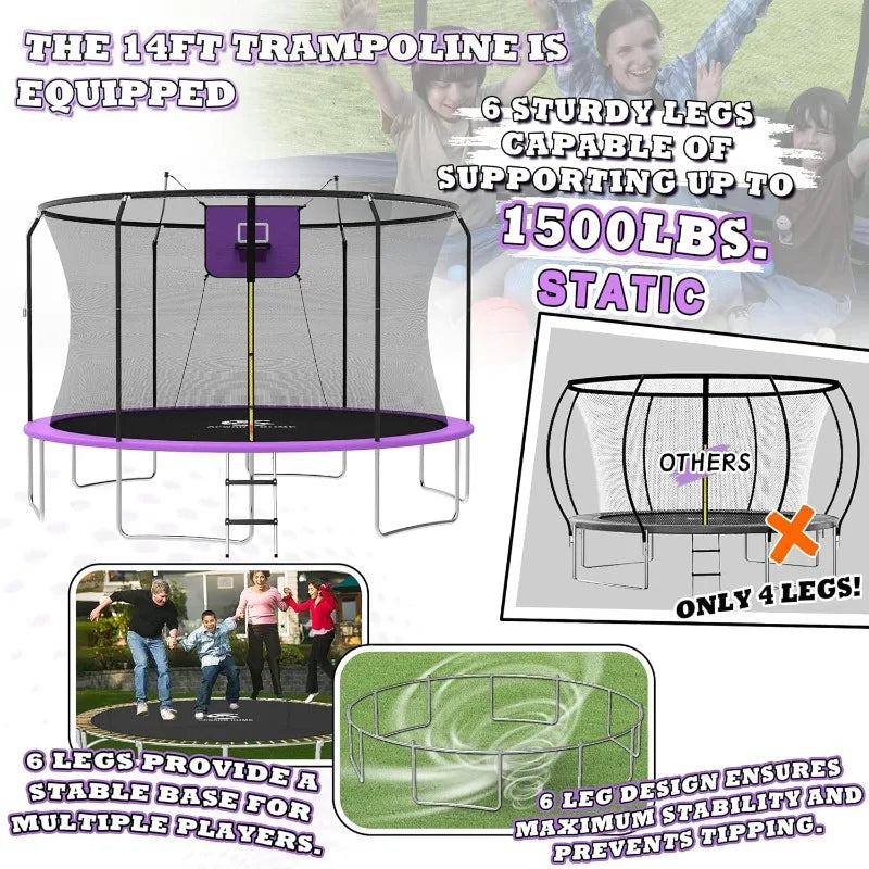 Trampoline 8FT-14FT Trampoline with Basketball Hoop and LED Lights Outdoor fun for whole family