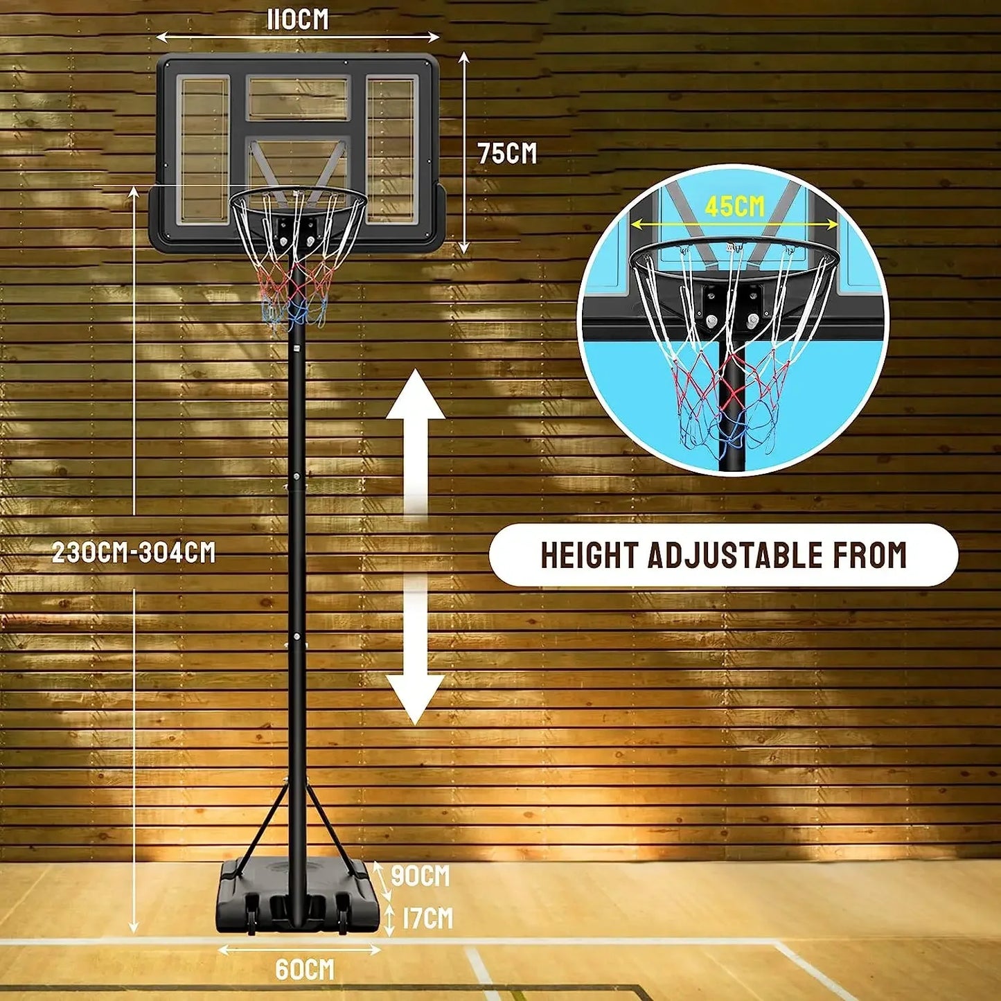 Basketball Hoop with Wheels Height Adjustable 305cm Base Filled with Water and Sand For family fun Outdoor Indoor Use