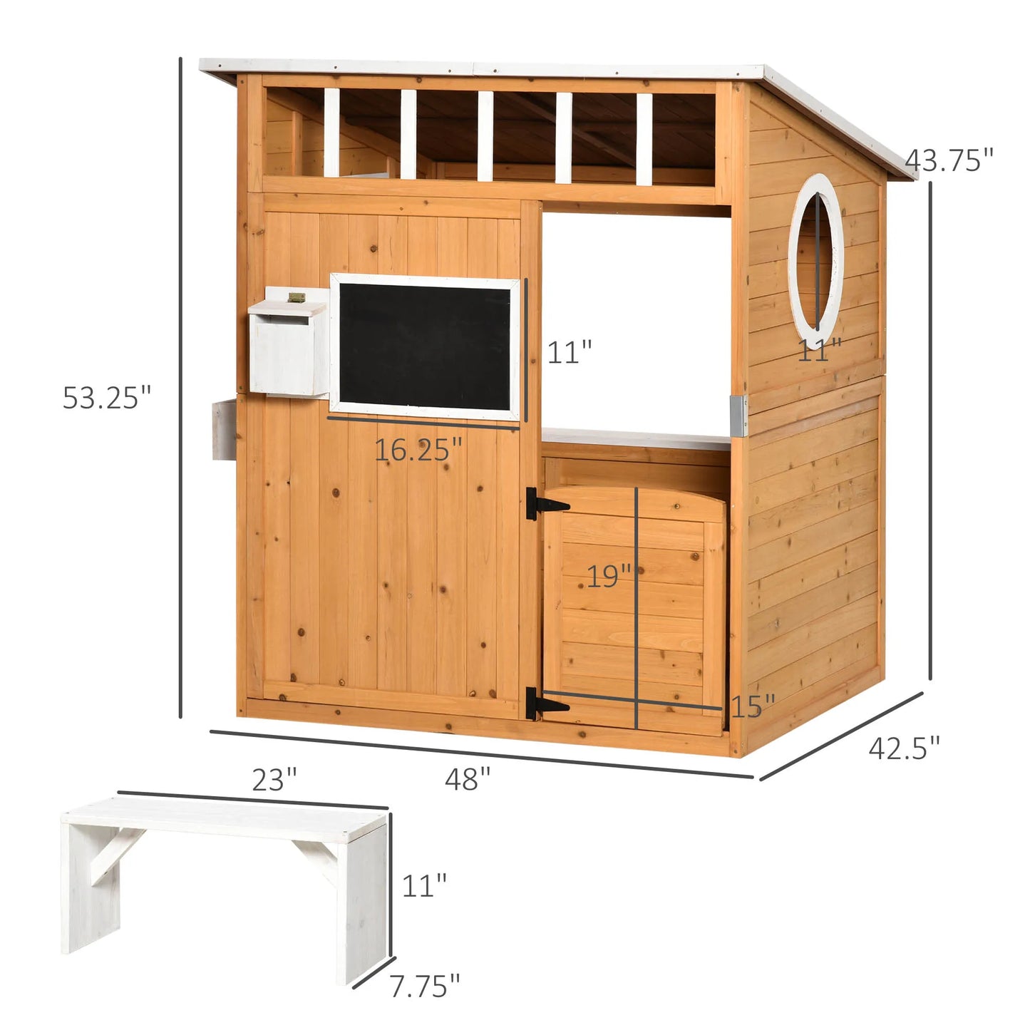 Wooden Playhouse for Kids Outdoor with Working Door, Windows, Mailbox, Bench, Flowers Pot Holder, 48" X 42.5" X 53"