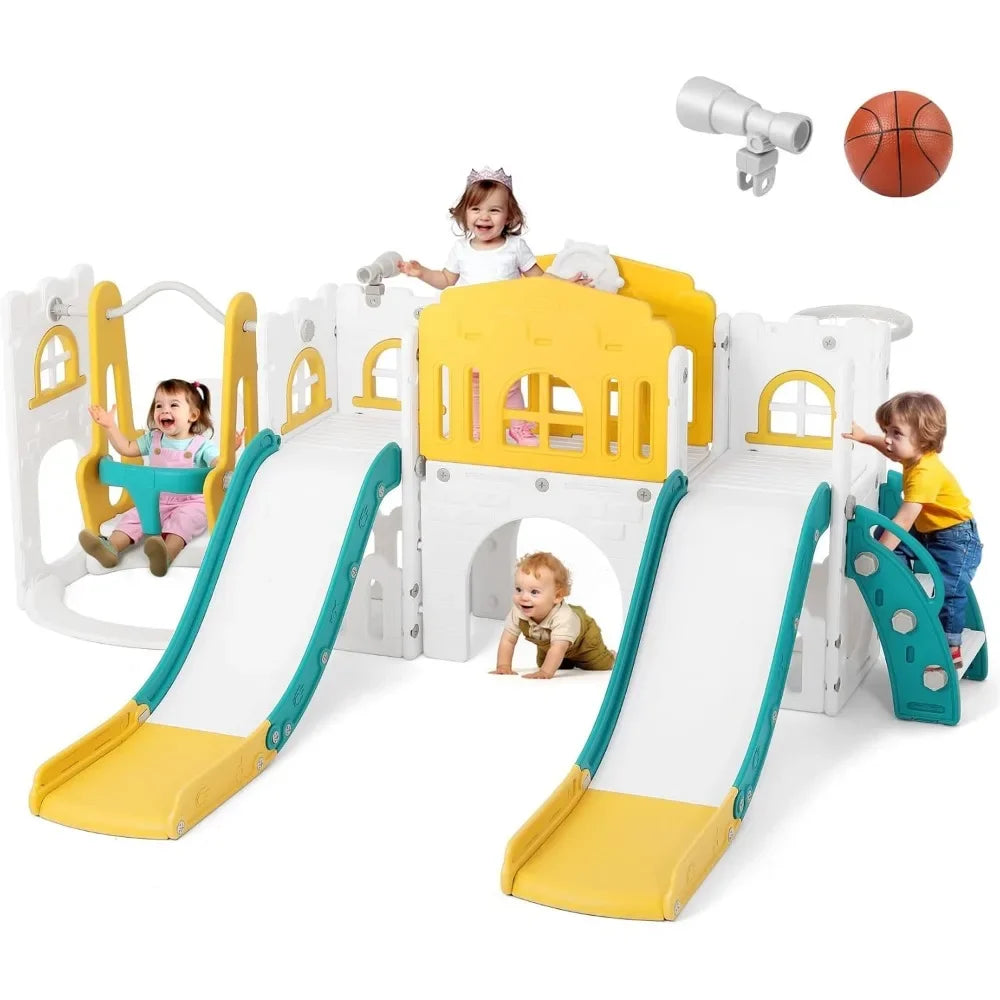 10 in 1 Toddler Slide, Double Climber Slide Playset w/Swing, Basketball Hoop, Indoor Outdoor Backyard Playground for Toddlers