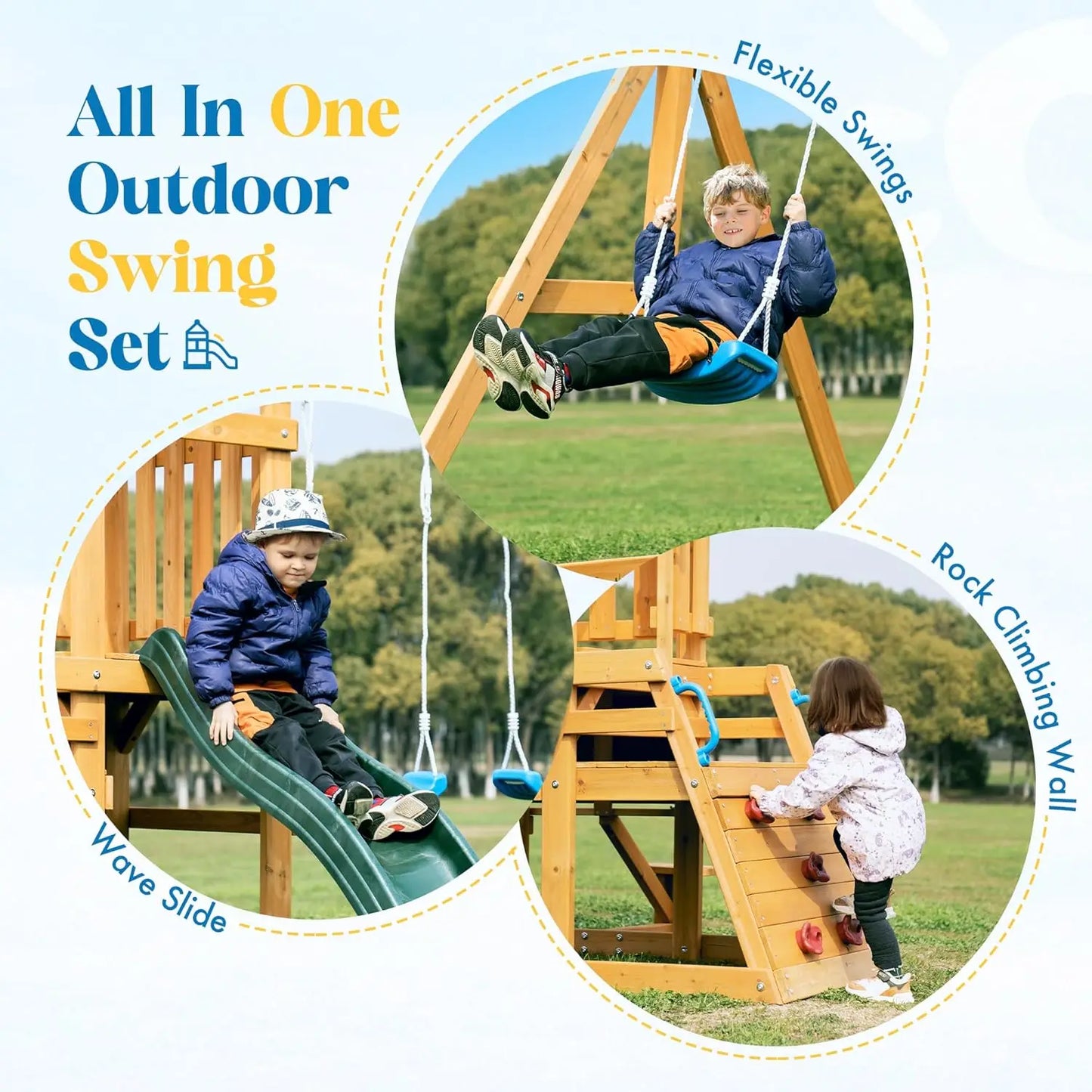 Wooden Swing Set with Dual Swings Slide Rock Climbing Wall Chalkboard Telescope Fort, Backyard Fun for Kids