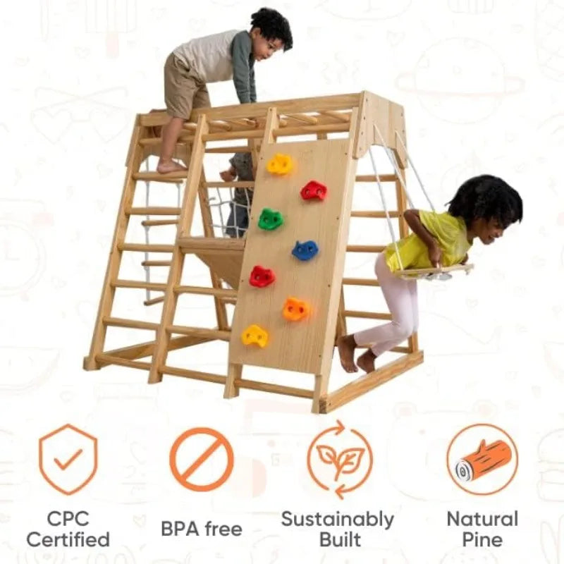 Indoor Playground 7-in-1 Jungle Gym Playset for Kids 2-6yrs - Slide, Climbing Wall, Rope Wall Climber