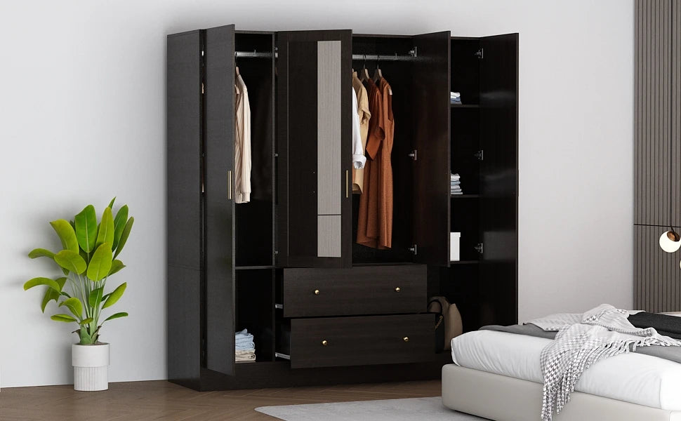 Wooden wardrobe with mirror, 5 shelves, 2 drawers, 2 hangers, and 4 doors, and storage cabinet in bedroom