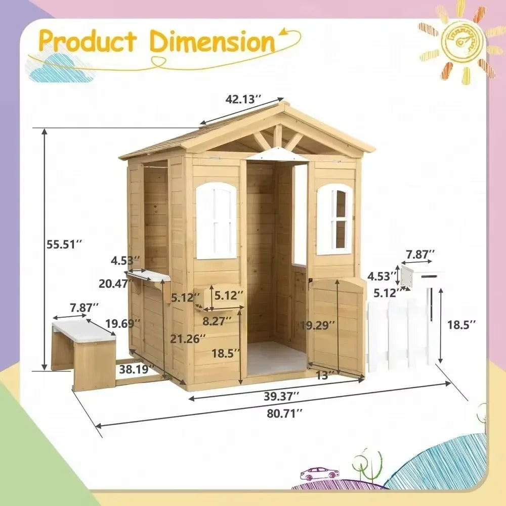 Playhouse for Age 3-6 Years Wood Cottage w/Mailbox Bench Door Windows Flowerpot Holders