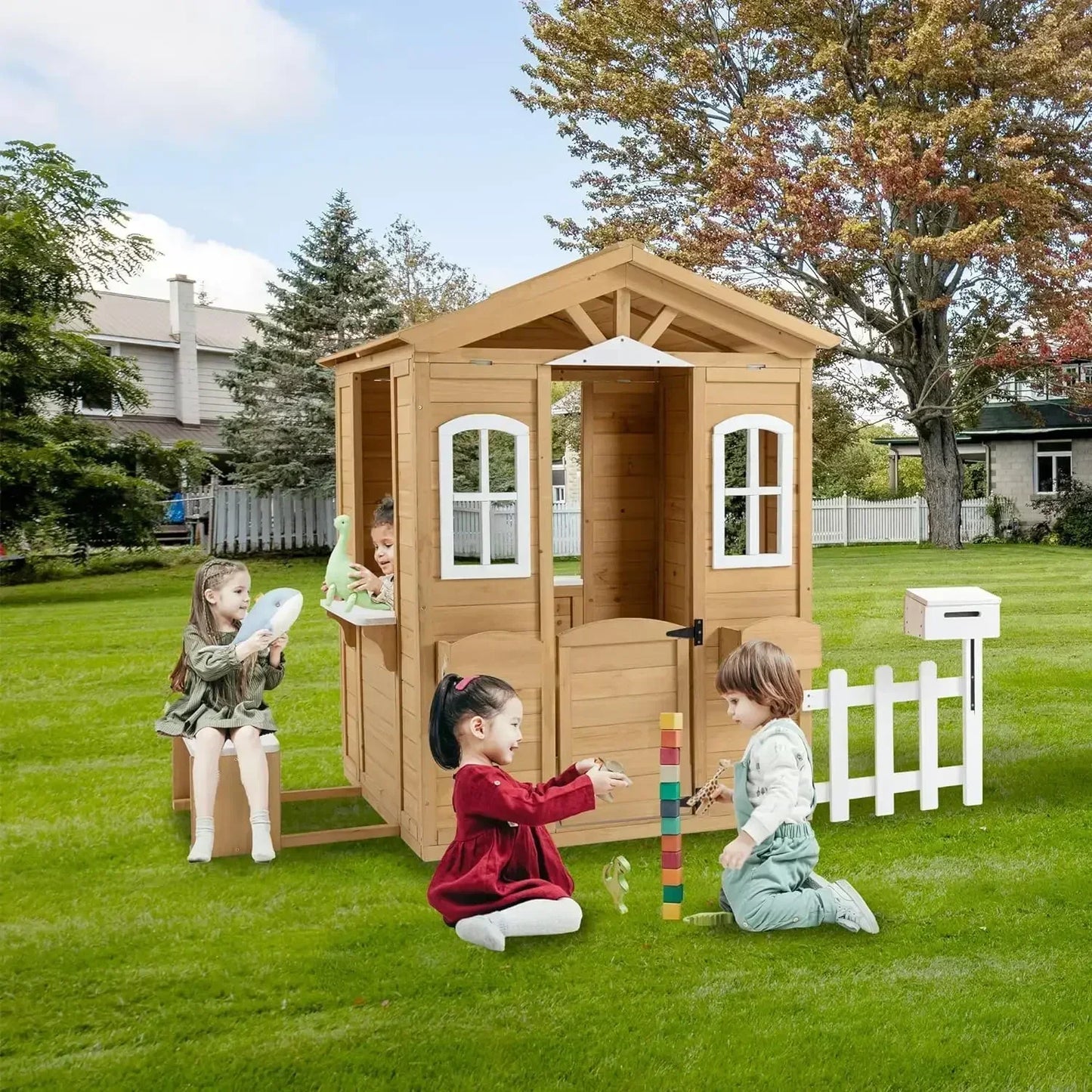 Playhouse for Age 3-6 Years Wood Cottage w/Mailbox Bench Door Windows Flowerpot Holders