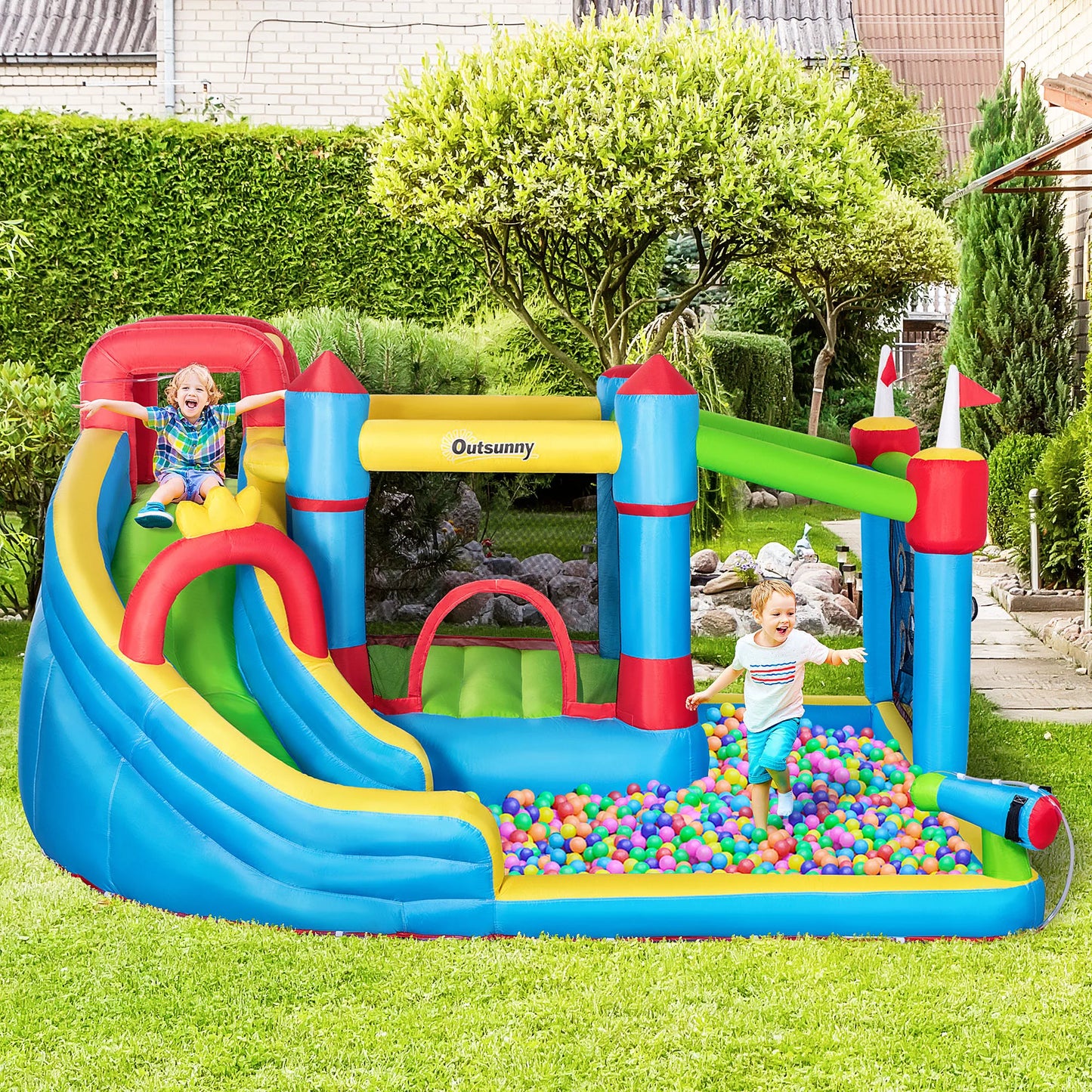 6-in-1 Inflatable Bounce House Outdoors, Inflatable Water Slide for Kids