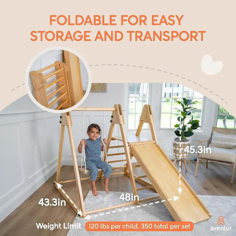 4-in-1 Indoor Play Gym - Jungle Gym Playset with Baby Swing, Ladder, Climbing Wall - Foldable Wooden Playset