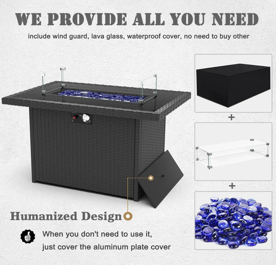 8 Pieces Patio Furniture Set with 44" Propane Gas Fire Pit Table, Outdoor Sectional Wicker Conversation Sofa Sets with Coffee Table