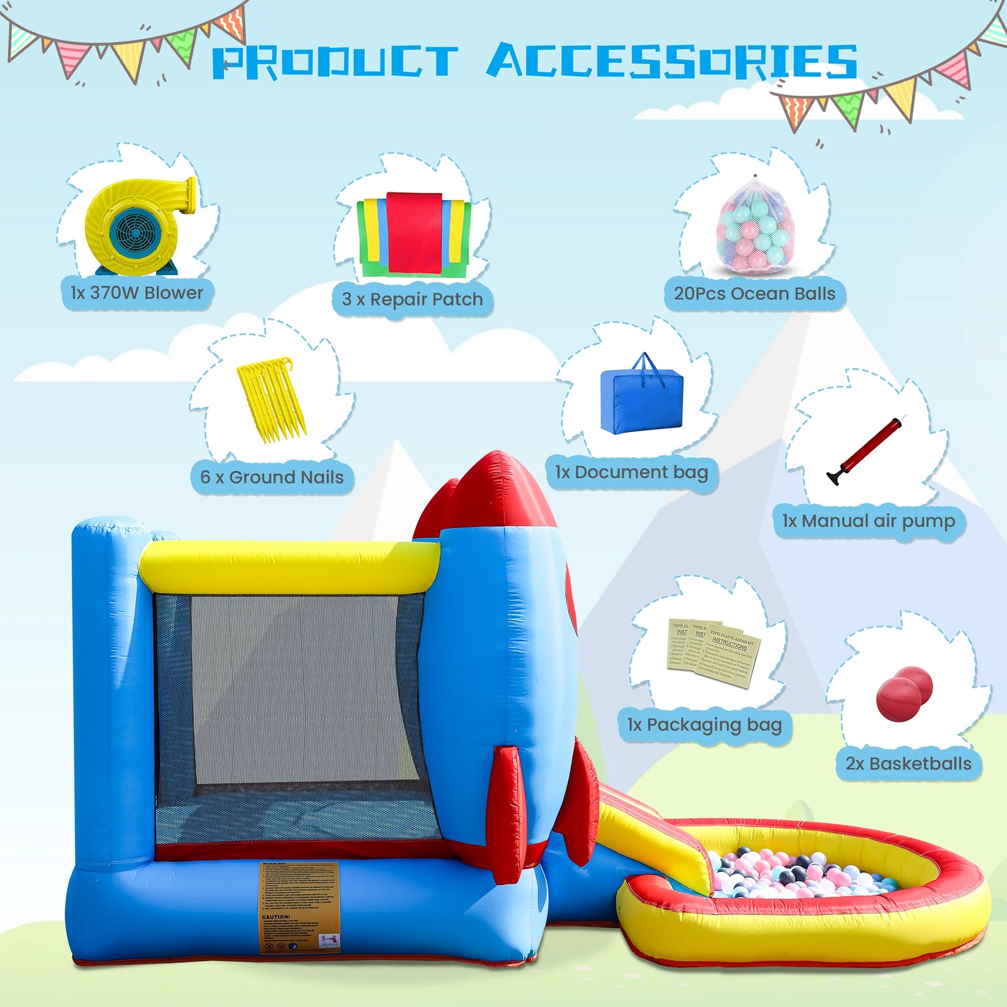 Inflatable Rocket Bounce House Castle Ball Pit for Kids Indoor Outdoor w/Blower