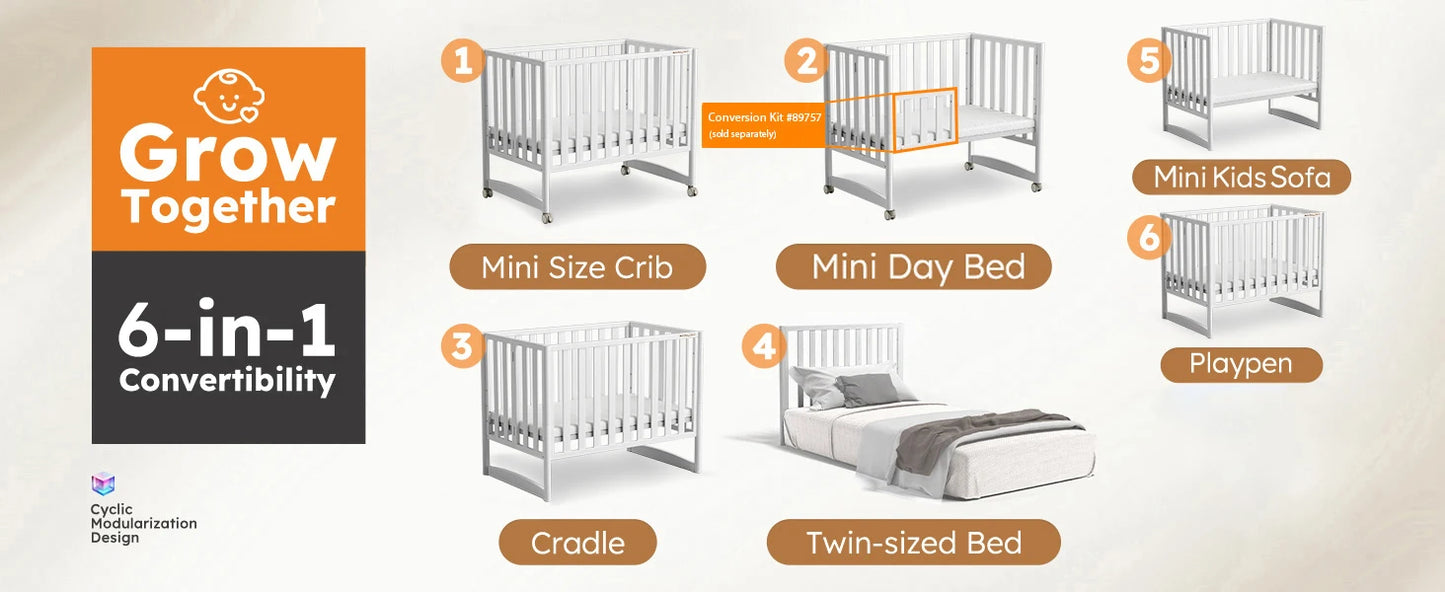6-in-1 Convertible Mini Crib With Removable Wheels & Mattress, 4 Adjustable Heights, White
