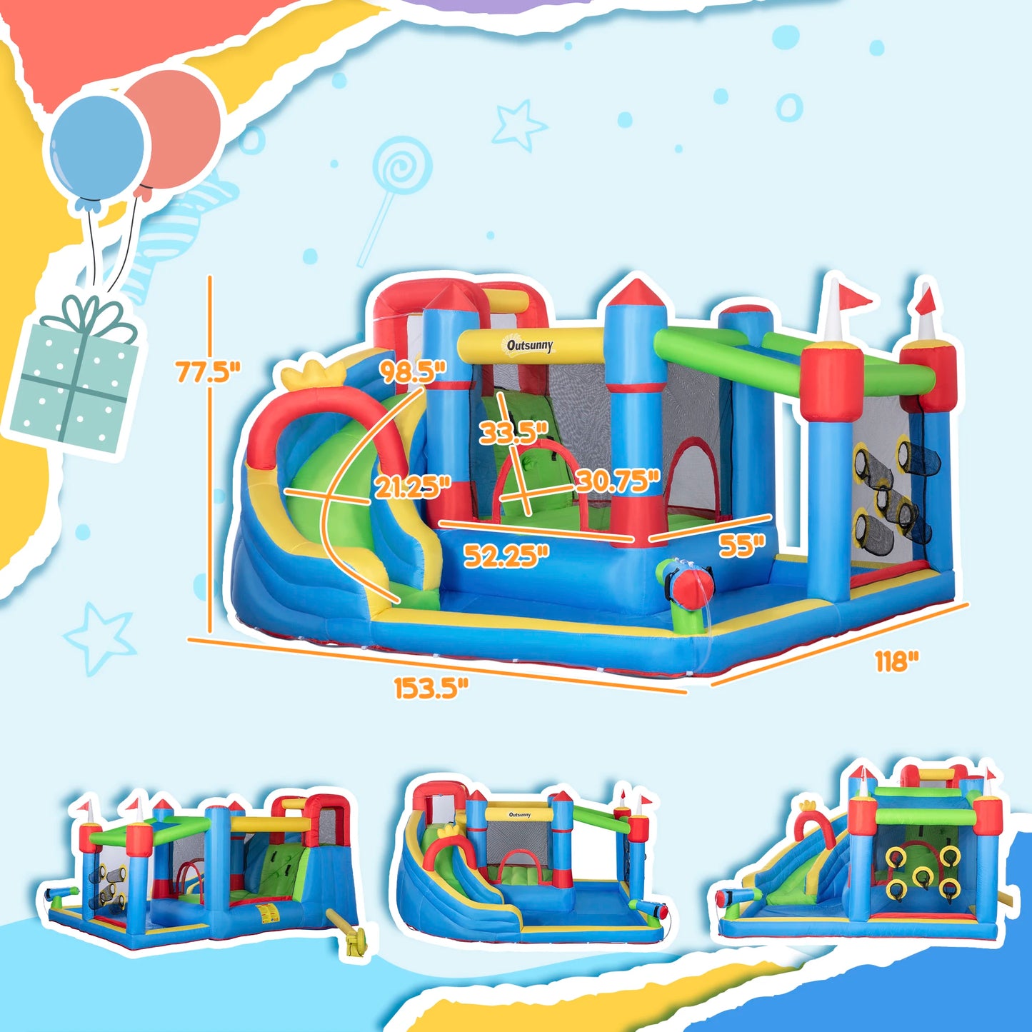 6-in-1 Inflatable Bounce House Outdoors, Inflatable Water Slide for Kids
