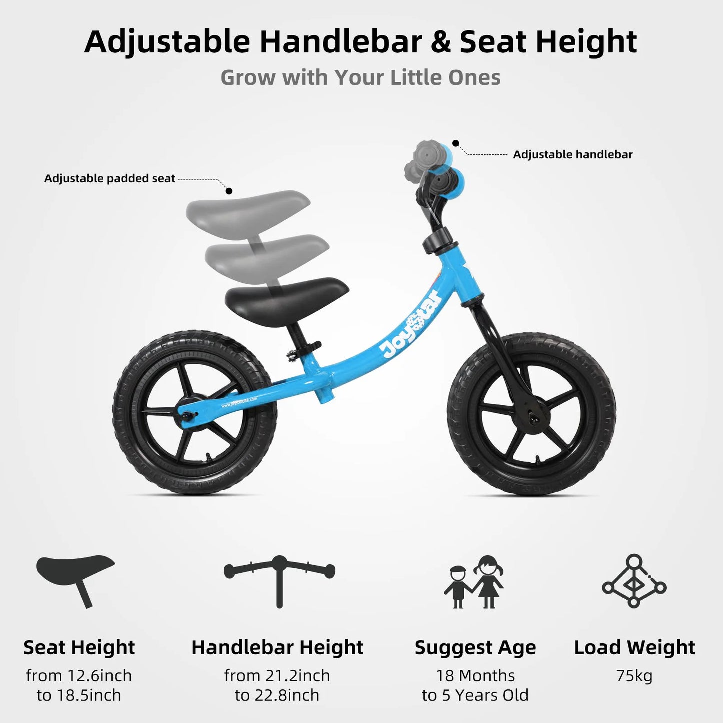 12 Inch Balance Bike for 18months, 2-5 Years Old Boys and Girls, with Adjustable Handlebars