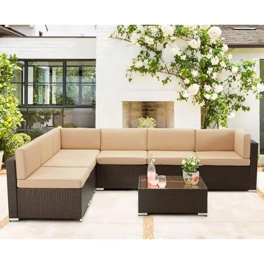 Outdoor Patio Furniture Set 7 Piece Wicker Sofa Sectional Set with Cushions & Tea Table brown