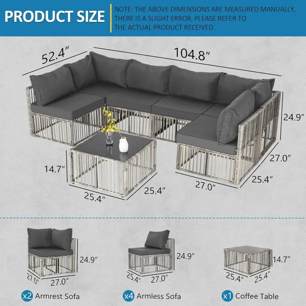 7 Pieces, Wicker Outdoor Sectional Conversation Couch with Adjustable Backrest Sofa.
