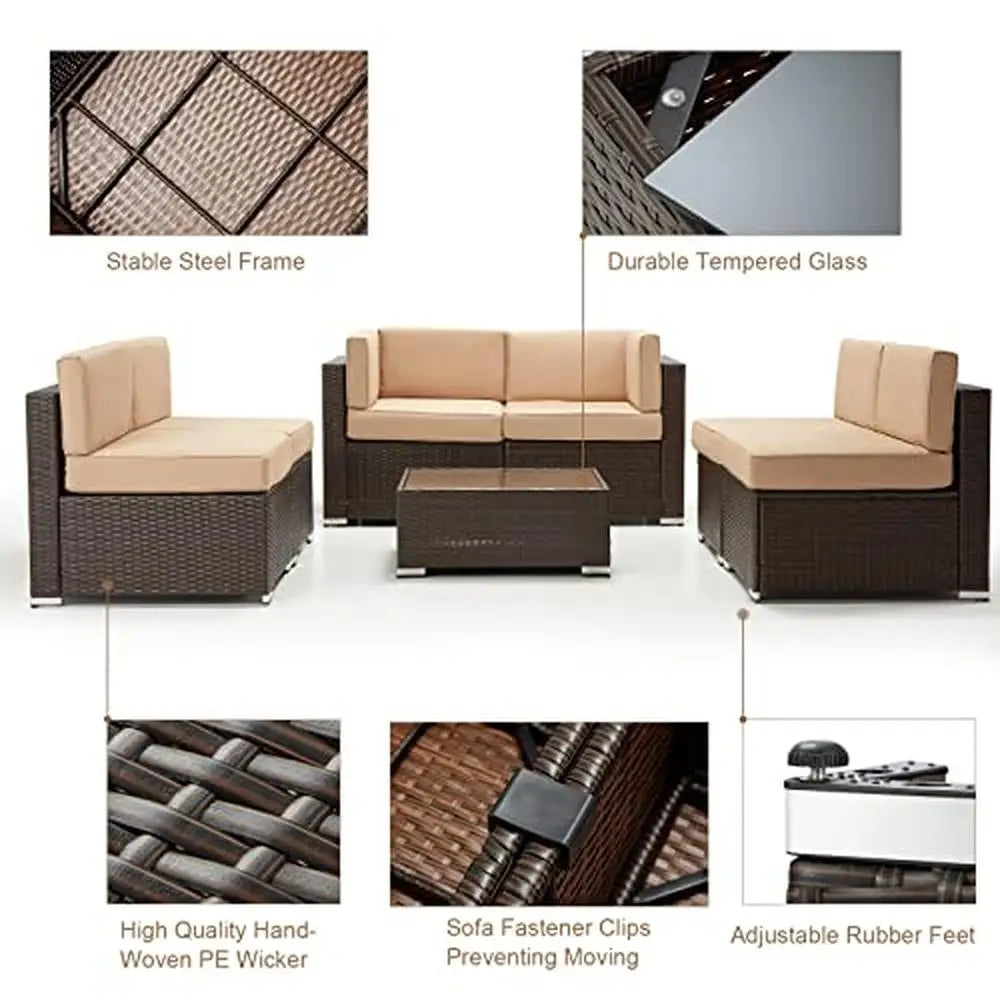 Outdoor Patio Furniture Set 7 Piece Wicker Sofa Sectional Set with Cushions & Tea Table brown