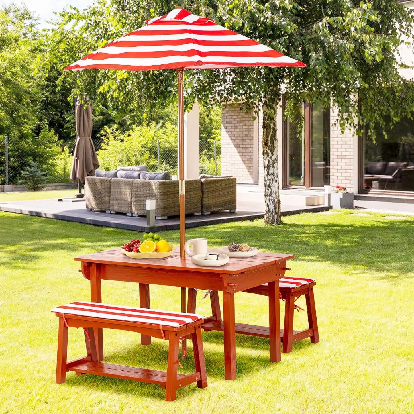 Kids Picnic Table with Umbrella, Outdoor Wooden Table & Bench Set w/Cushions & 2 Removable Boxes, 4-in-1 Children Sand & Water table