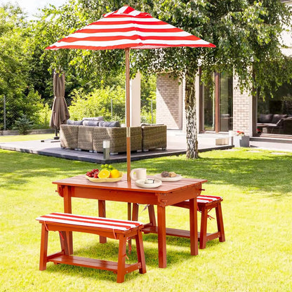 Kids Picnic Table with Umbrella, Outdoor Wooden Table & Bench Set w/Cushions & 2 Removable Boxes, 4-in-1 Children Sand & Water table