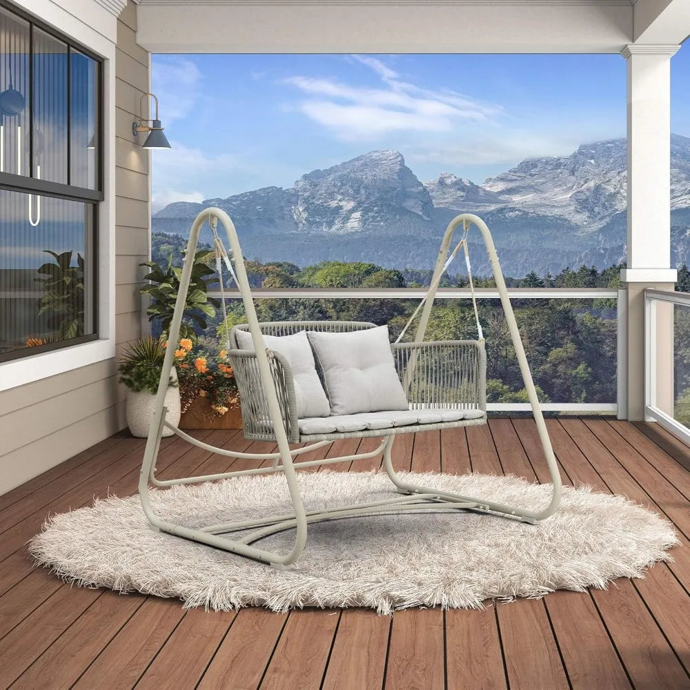 2-Seat Cloud Swing Chair with Stand, Patio Wicker Bench Glider Loveseat Hanging Swing