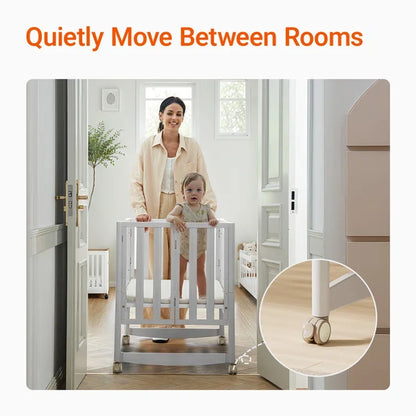 6-in-1 Convertible Mini Crib With Removable Wheels & Mattress, 4 Adjustable Heights, White