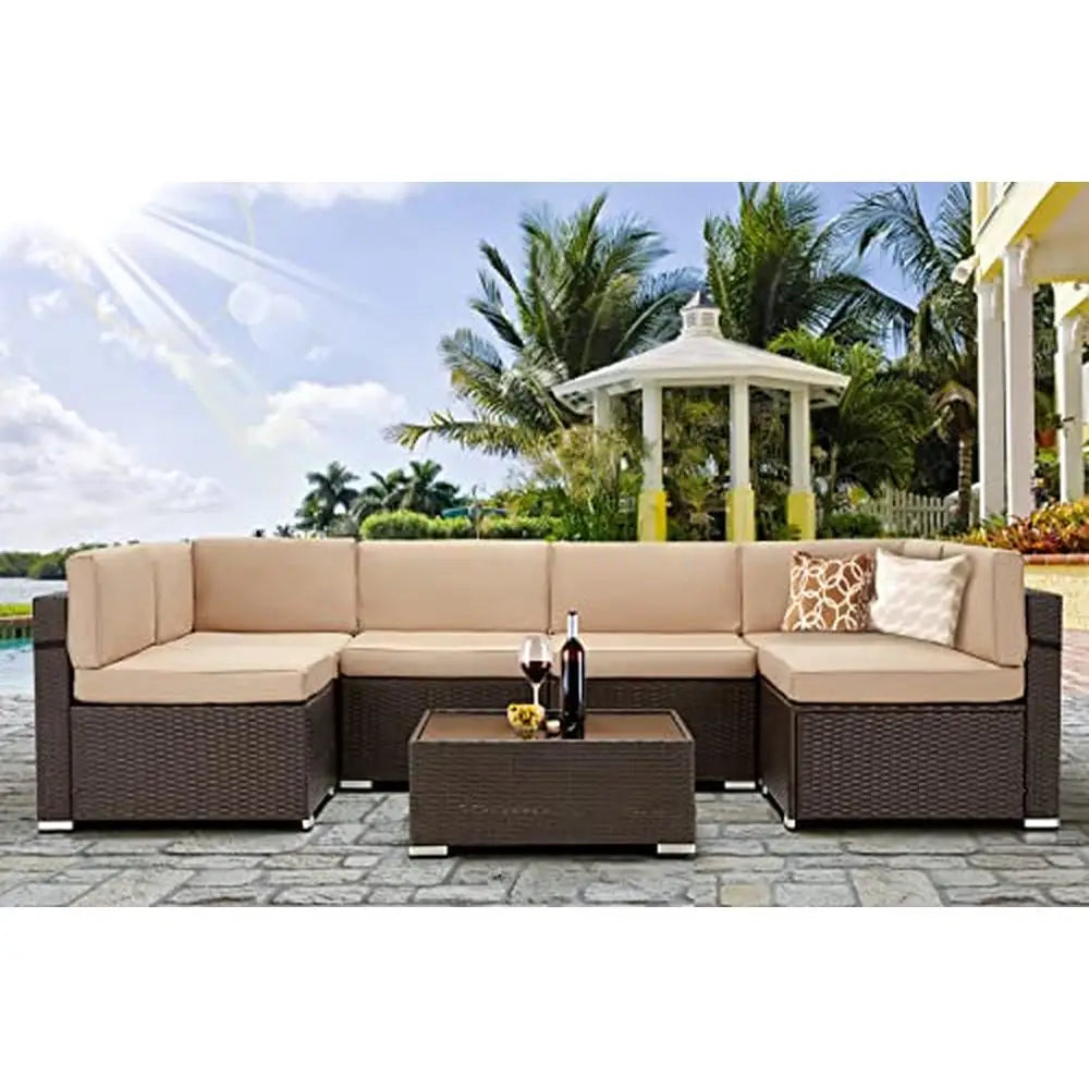 Outdoor Patio Furniture Set 7 Piece Wicker Sofa Sectional Set with Cushions & Tea Table brown