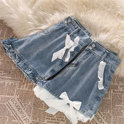 Blue High Waist Denim Shorts with lace for Women