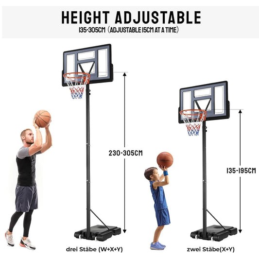 Basketball Hoop with Wheels Height Adjustable 305cm Base Filled with Water and Sand For family fun Outdoor Indoor Use