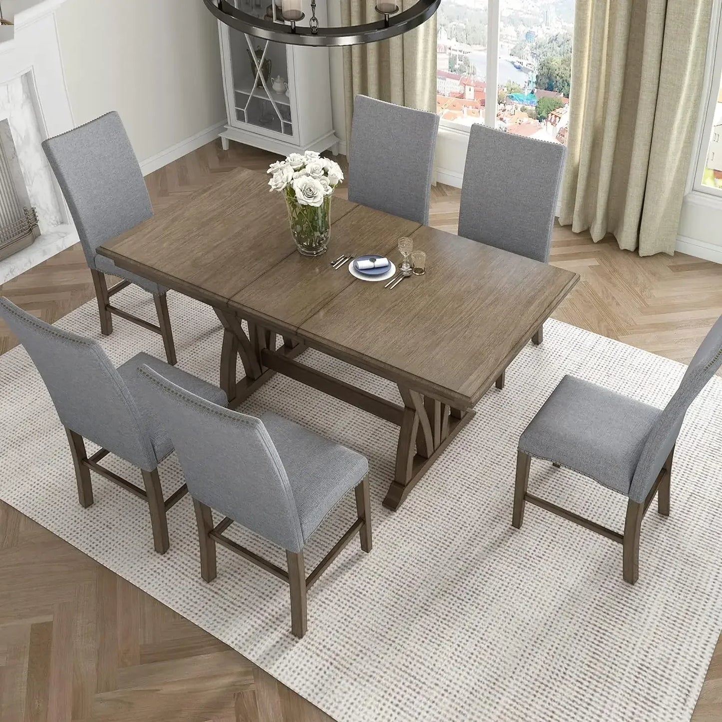 7-Piece Kitchen Dining Table Set for 6, Wood Kitchen Table and 6 Upholstered Chairs with Backrest