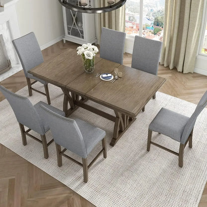 7-Piece Kitchen Dining Table Set for 6, Wood Kitchen Table and 6 Upholstered Chairs with Backrest