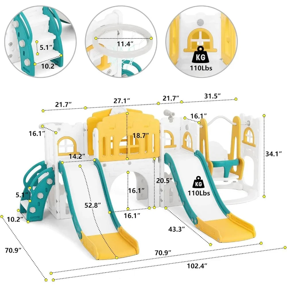10 in 1 Toddler Slide, Double Climber Slide Playset w/Swing, Basketball Hoop, Indoor Outdoor Backyard Playground for Toddlers