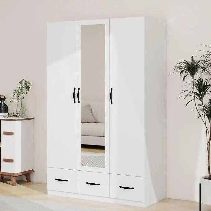 71" H Armoire Wardrobe, 3-Drawer & Shelved Bedroom Armoire with 4 Doors, Mirror & Hanging Rod.