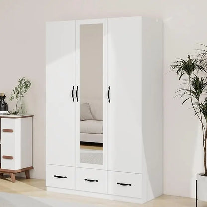 71" H Armoire Wardrobe, 3-Drawer & Shelved Bedroom Armoire with 4 Doors, Mirror & Hanging Rod.