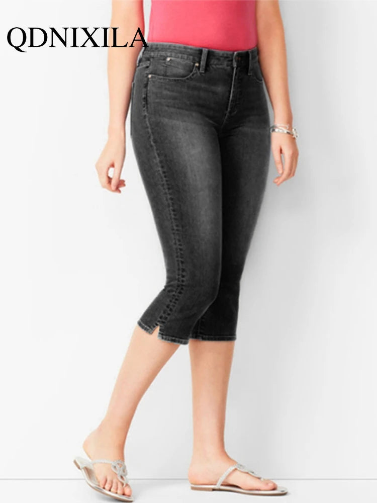 Woman's Jeans Denim Pants Ladies Cropped Trousers Skinny  Knee Length