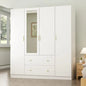 Wooden wardrobe with mirror, 5 shelves, 2 drawers, 2 hangers, and 4 doors,  and storage cabinet in bedroom