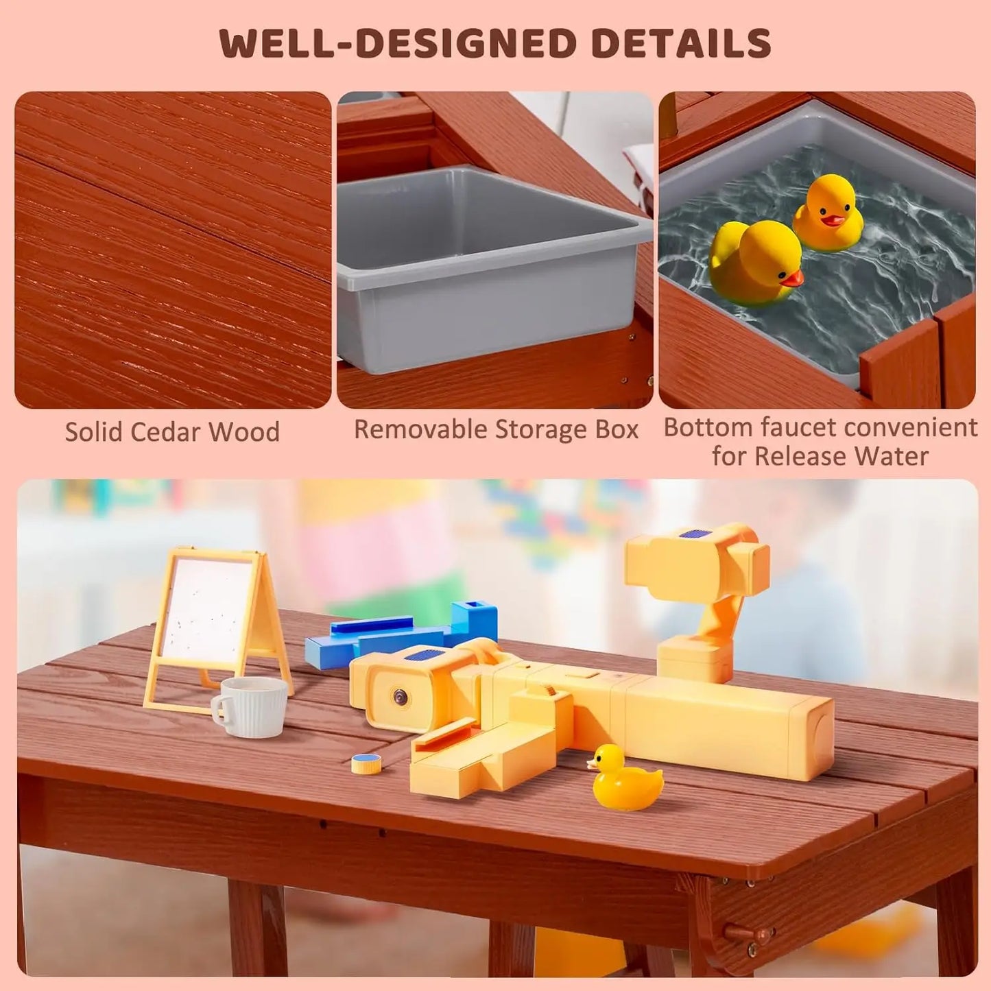 Kids Picnic Table with Umbrella, Outdoor Wooden Table & Bench Set w/Cushions & 2 Removable Boxes, 4-in-1 Children Sand & Water table