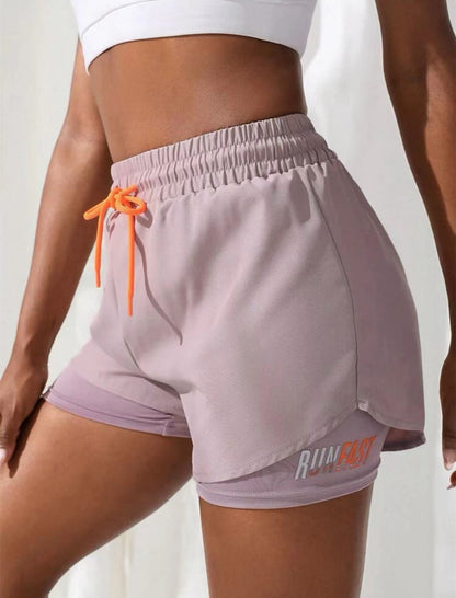 Mermaid Curve Breathable Letter Graphic 2 In 1 Sport Shorts Women Quick Dry Running Shorts Drawstring Waistband Fitness