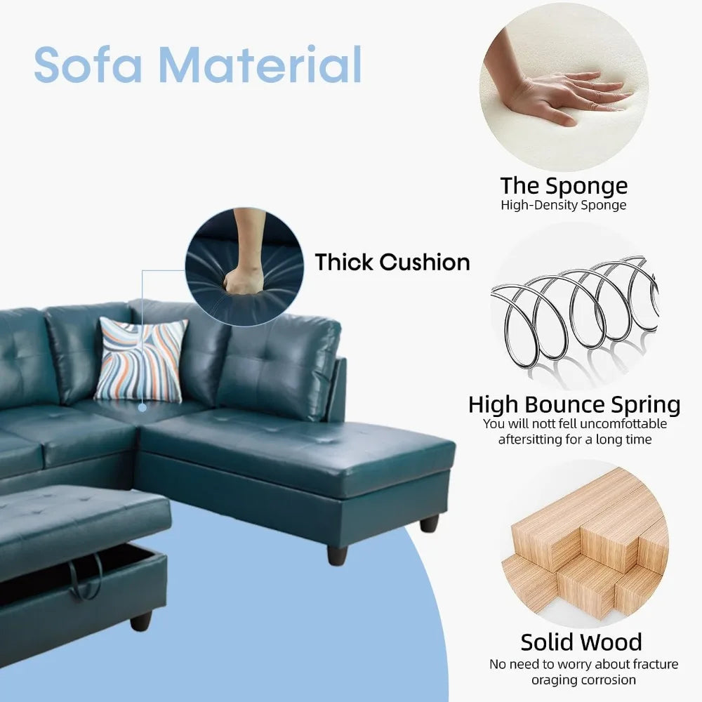 Sectional Couch for Living Room Furniture Set, and Chaise with Storage Ottoman and 3 Pillows