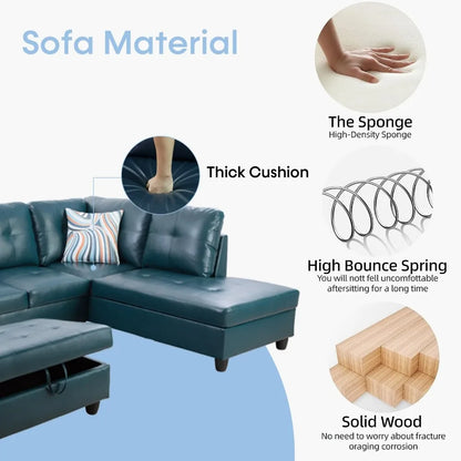 Sectional Couch for Living Room Furniture Set, and Chaise with Storage Ottoman and 3 Pillows