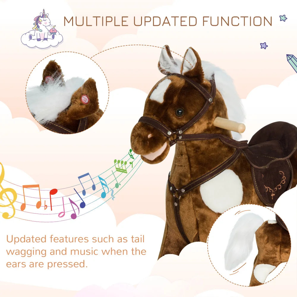 Kids Metal Plush Ride-On Rocking Horse Chair Toy With Nursery Rhyme Music - Dark Brown